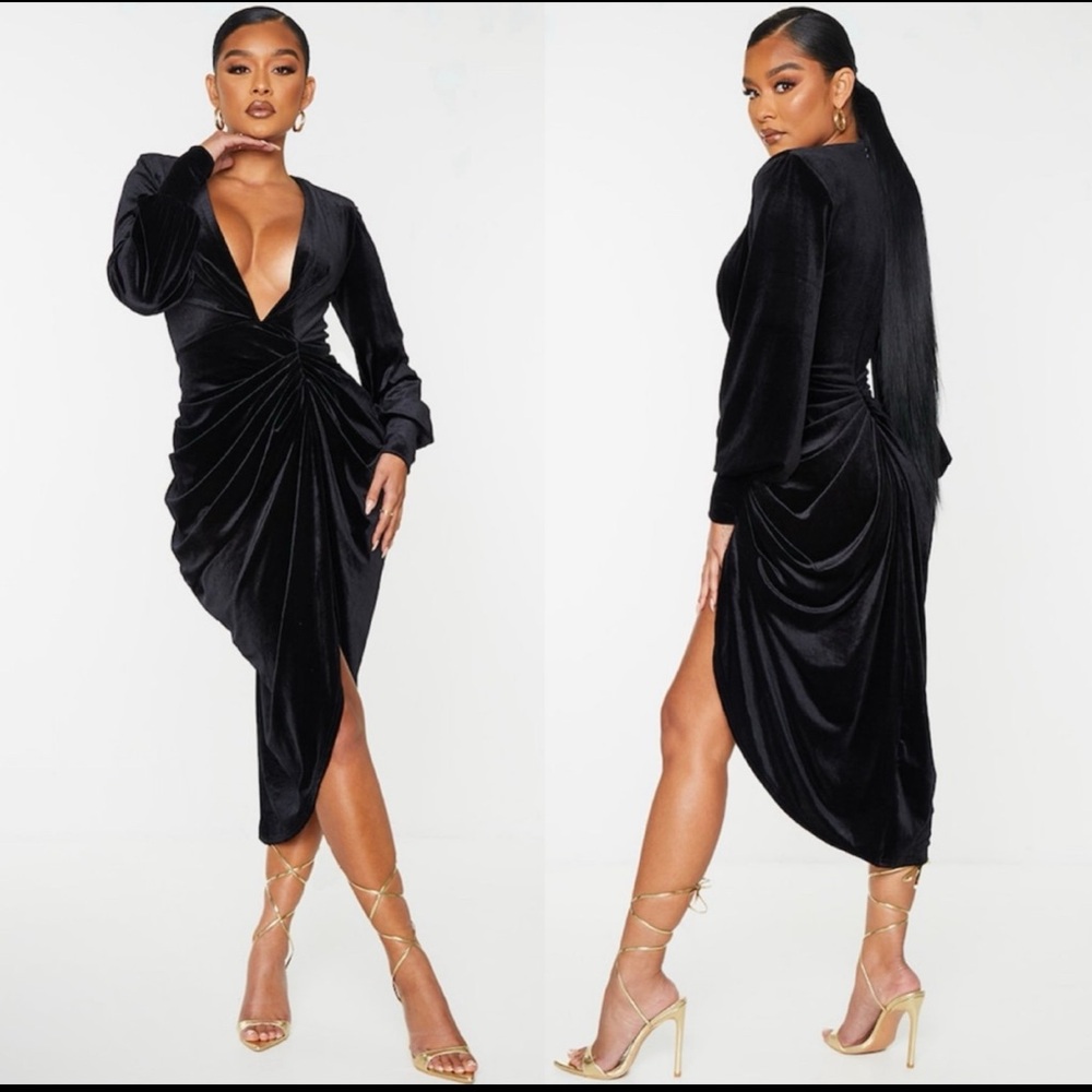PrettyLittleThing Black Velvet Plunge Draped Midi Dress